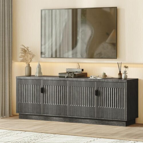 Farmhouse TV Stand for Television Up to 75 Inches, 4 Fluted Doors Rustic Entertainment Center with Storage & Adjustable Shelves, Mid Century Modern Wood TV Consoles for Living...