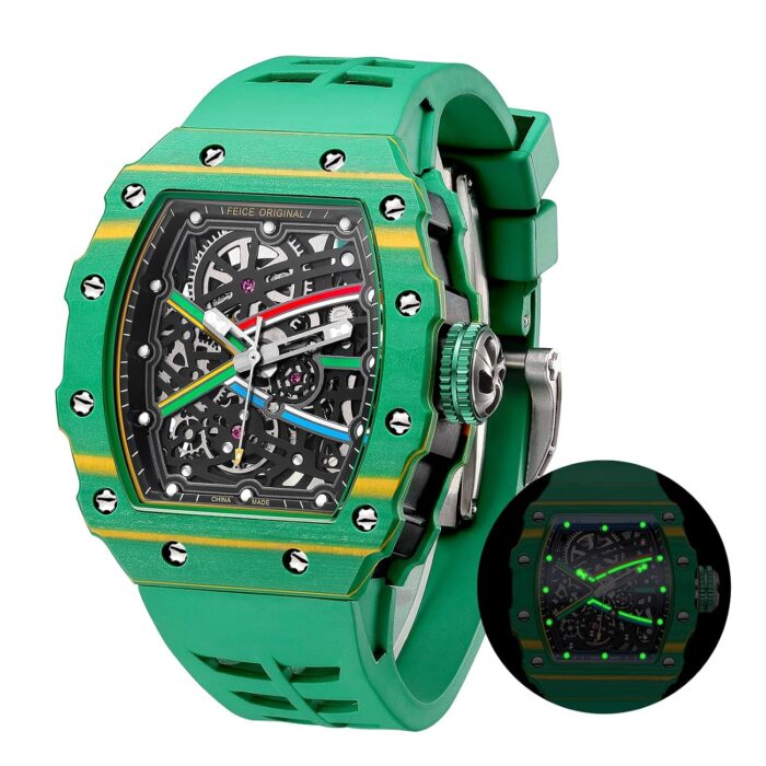 FEICE Men's Vintage Automatic Mechanical Watch | Skeleton Waterproof Watch | Silicone Strap | Sport Luminous Analog | Unique Business Wristwatch for Men | Green FM603