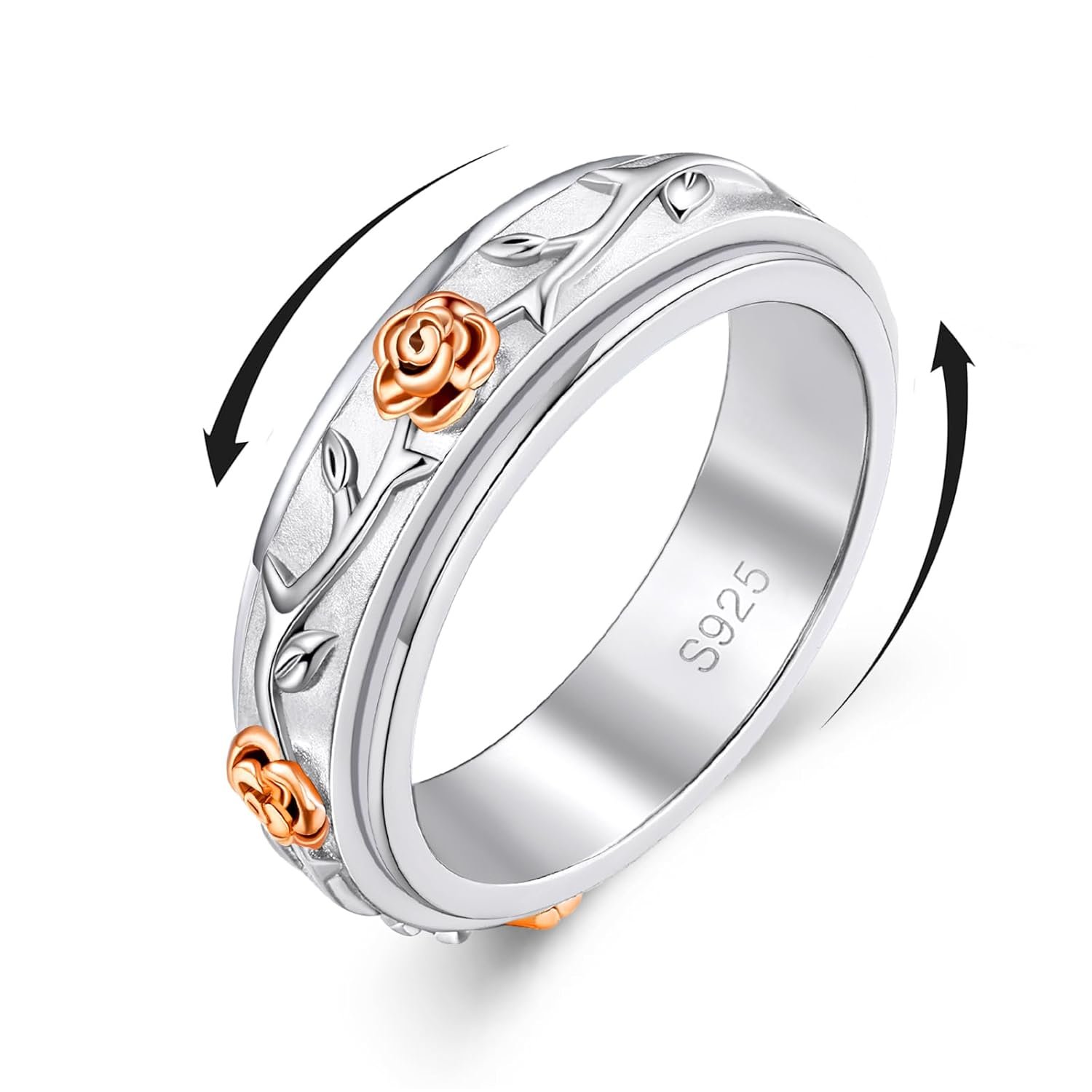 Fidget Ring 925 Sterling Silver Anxiety Relieve Spinner Rings Rose Flower Sunflower Band Ring ADHD Autism Stress Relieving for Women Men