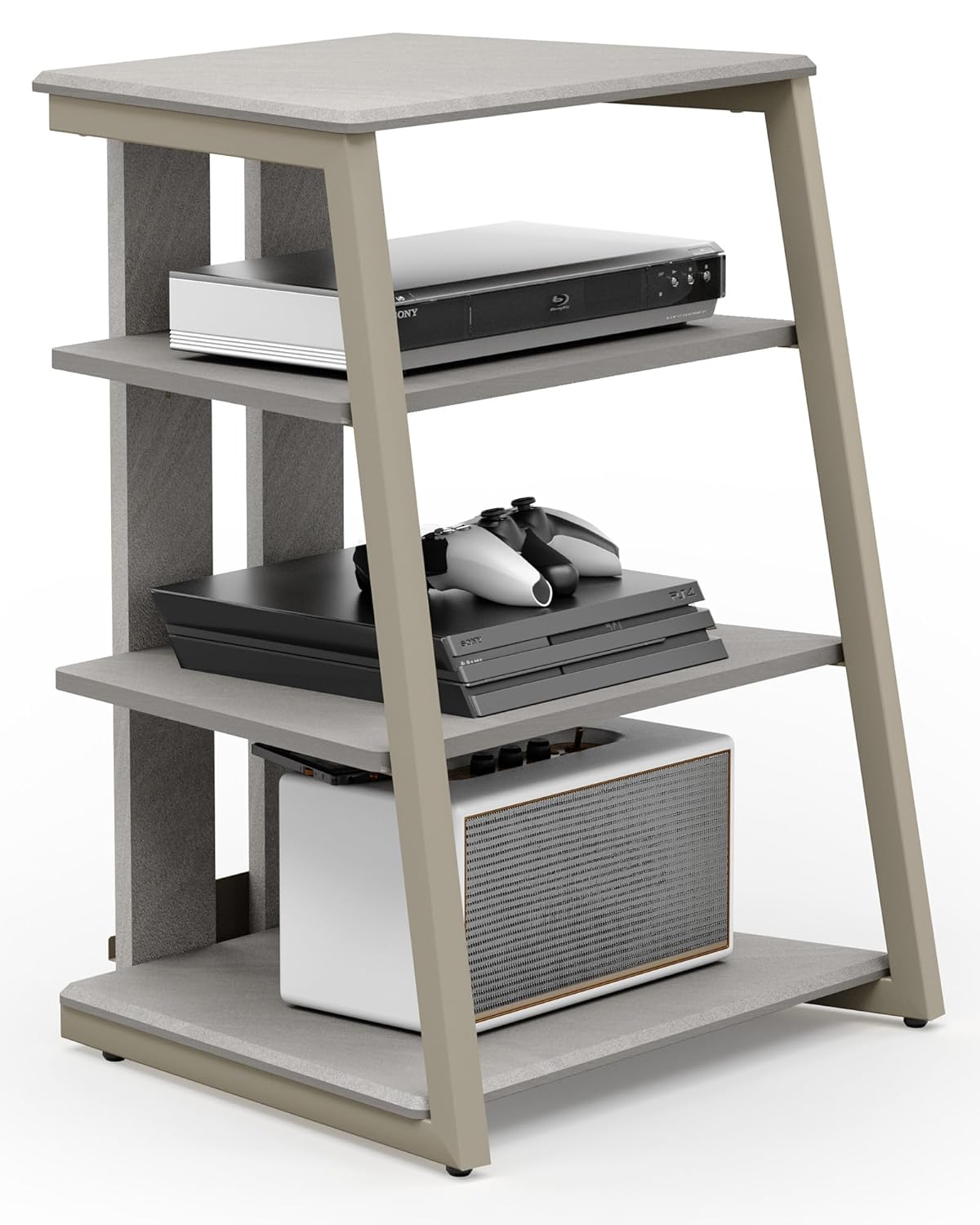 FITUEYES Design 4-Tier AV Media Stand Corner Shelf Stand Wooden Corner Shelves Component Cabinet Stereo Rack Audio Tower with Height Adjustable Wooden Shelves for Xbox One/ps4…