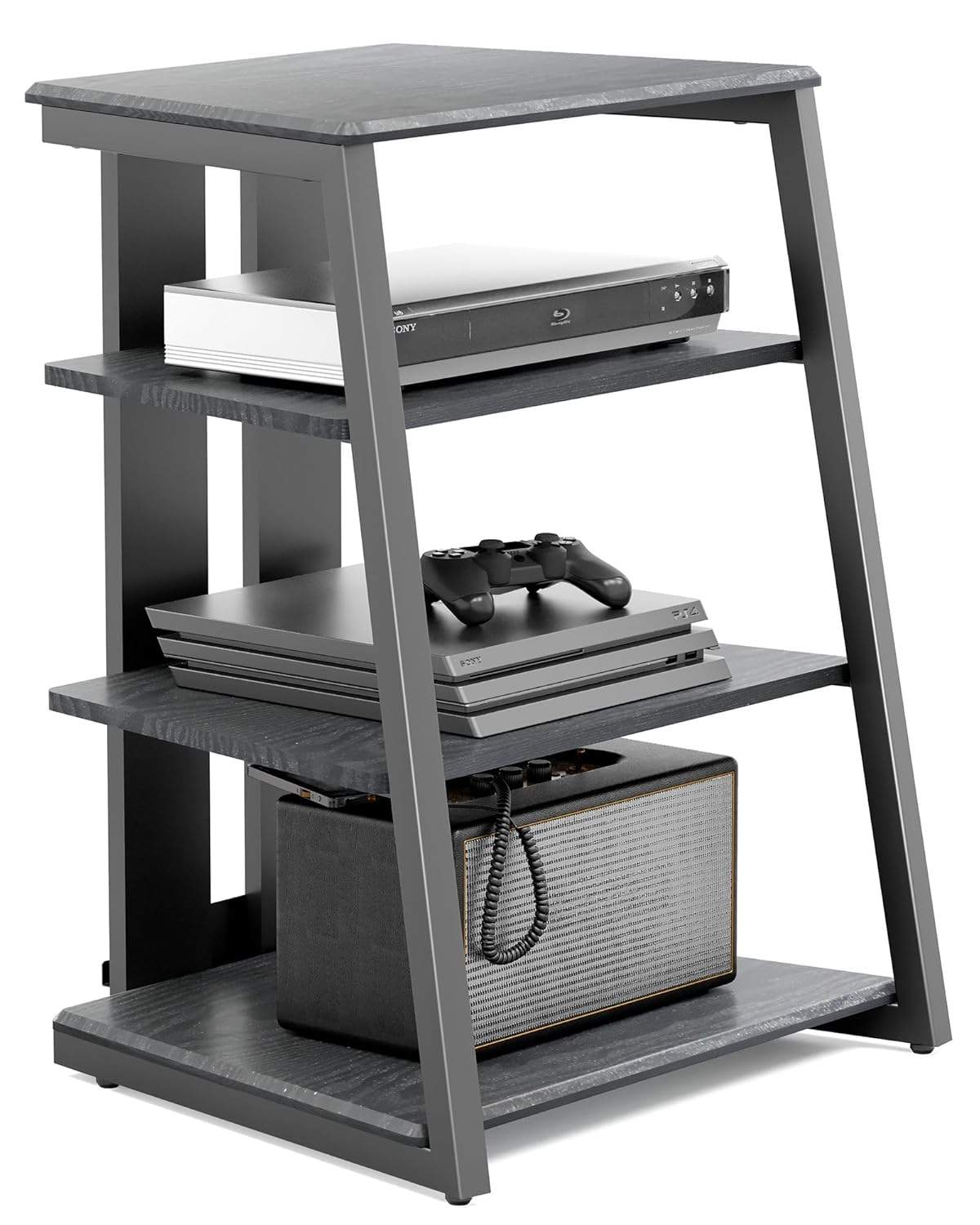 FITUEYES Design 4-Tier AV Media Stand Corner Shelf Stand Wooden Corner Shelves Component Cabinet Stereo Rack Audio Tower with Height Adjustable Wooden Shelves for/Apple Tv/Xbox…