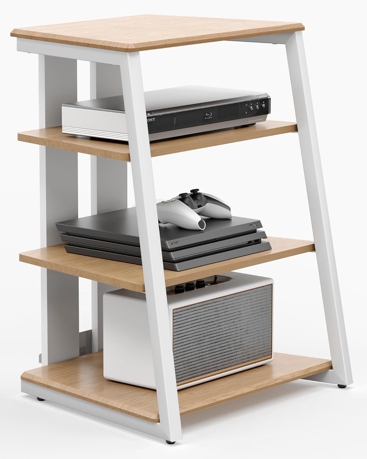 FITUEYES Design 4-Tier AV Media Stand Corner Shelf Stand Wooden Corner Shelves Component Cabinet Stereo Rack Audio Tower with Height Adjustable Wooden Shelves for ps4 (White Oak)