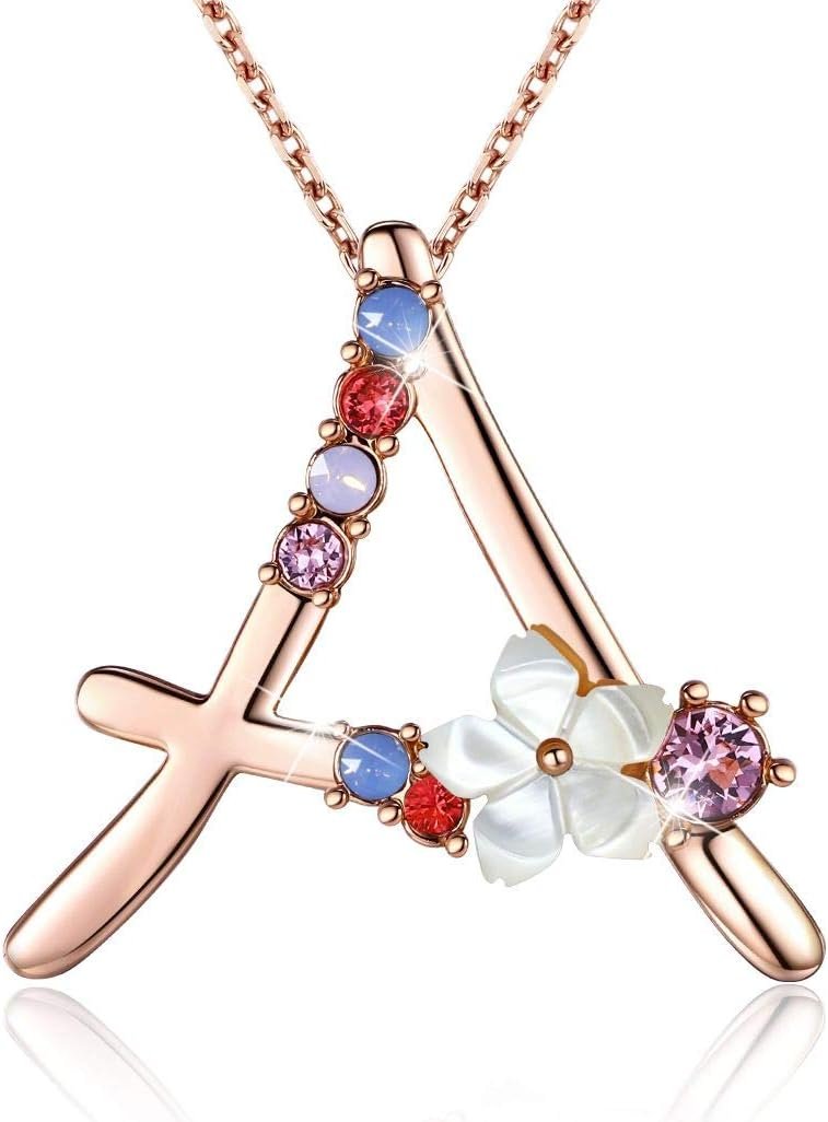 Flower Initial Letter Necklace Pink Red Blue Simulated Pearl Pendant Name Jewelry Made with Austrian Crystals Rose Gold Plated Anniversary Birthday Gifts for Women,18″+2″