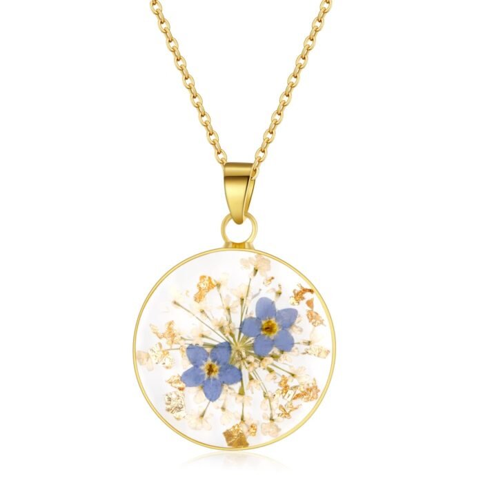 Forget-Me-Not and Queen Anne's Lace Pressed Wildflower Necklace | Gold Pressed Flower Necklace | Personalized Handmade Necklaces