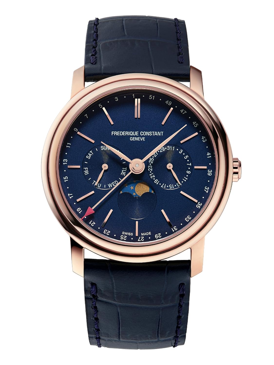 Frederique Constant Men’s Swiss Made Classic Business Timer Moonphase Rose Gold Stainless Steel Case Watch, Blue Leather Strap, Style: FC-270N4P4