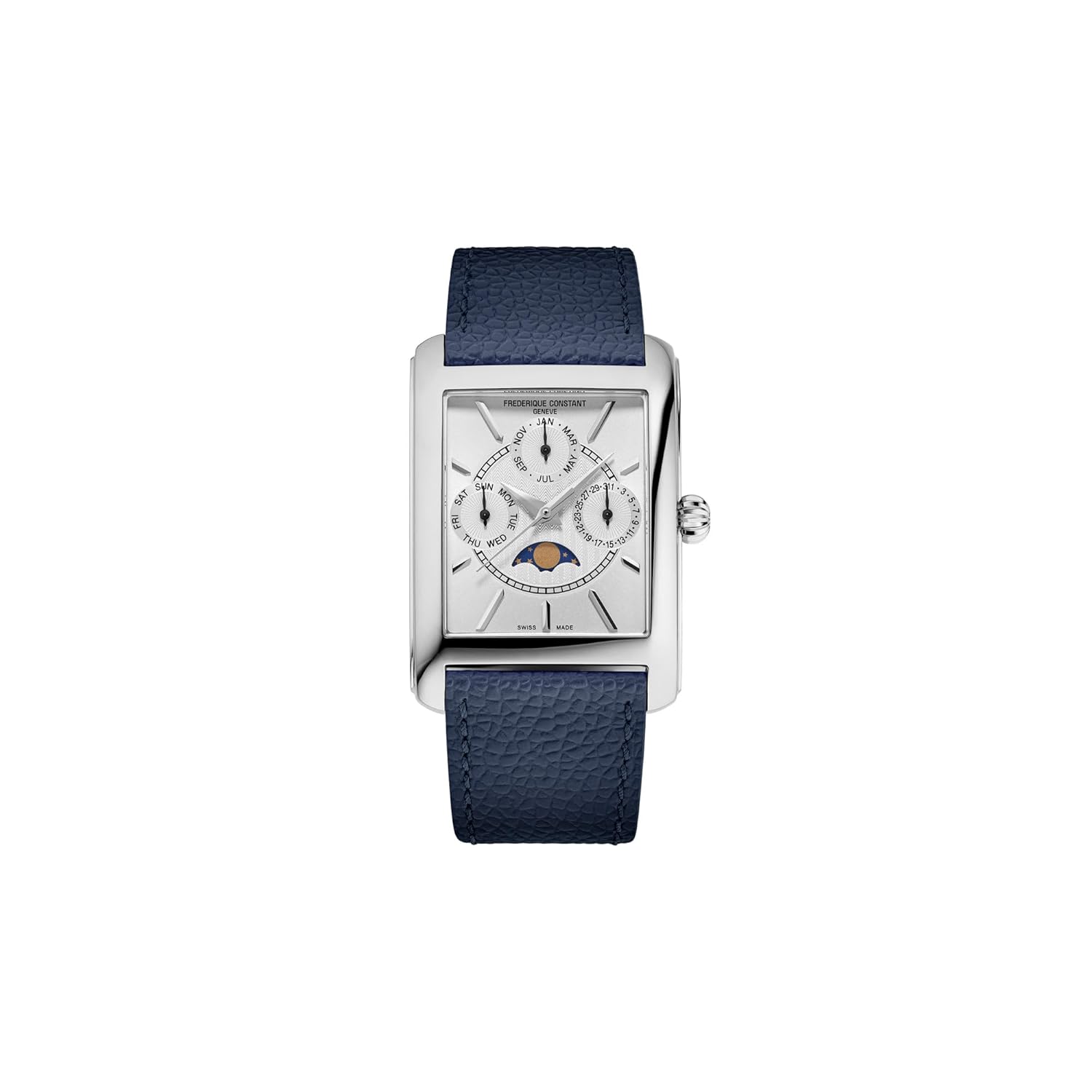 Frederique Constant Men’s Swiss Made Classic Carré Moonphase Quartz Silver Stainless Steel Case Watch and Navy Leather Strap Style: FC-265S4C6
