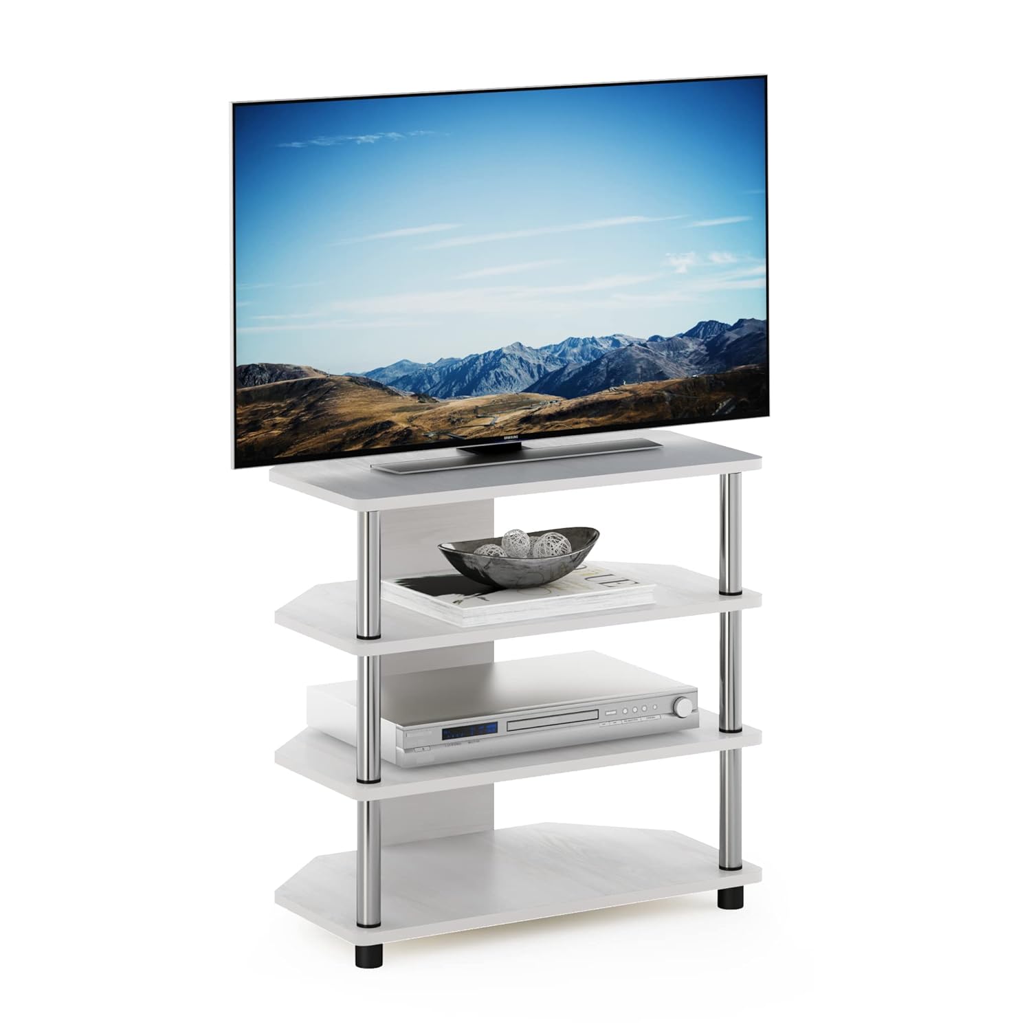 Furinno Econ Easy Assembly 4-Tier Petite Entertainment Center TV Stand for TV up to 25 Inch with Stainless Steel Tubes, White Oak/Chrome