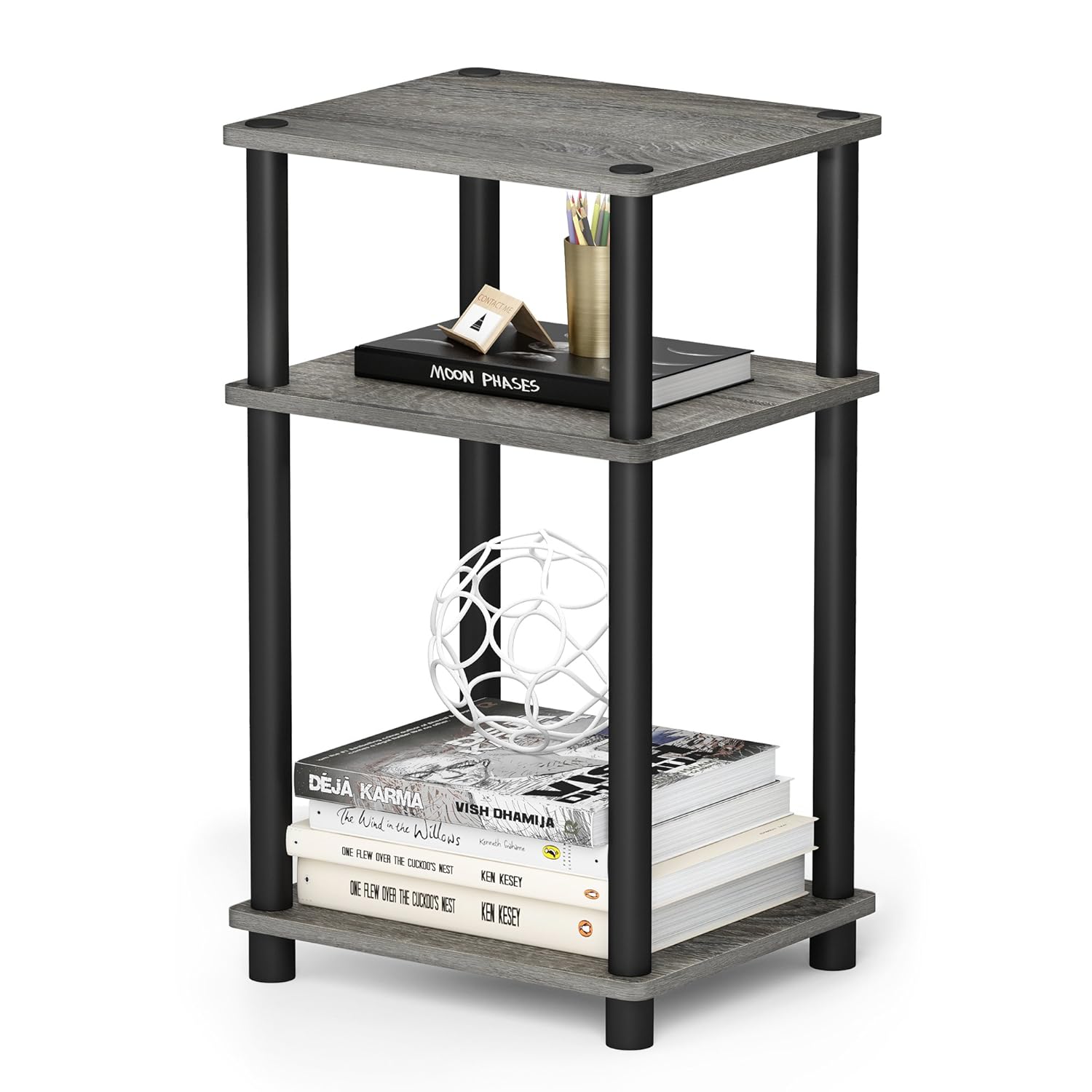 Furinno Just 3-Tier Turn-N-Tube End Table / Side Table / Night Stand / Bedside Table with Plastic Poles, 1-Pack, French Oak Grey/Black