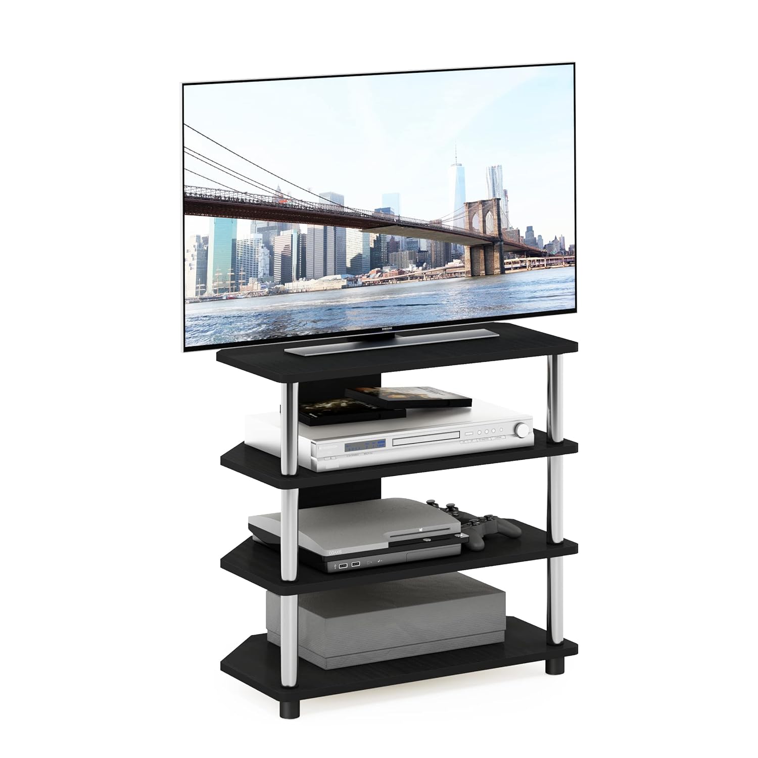 Furinno Turn-N-Tube Easy Assembly 4-Tier Petite Entertainment Center / TV Stand / TV Unit / TV Desk, Stainless Steel, Americano/Chrome