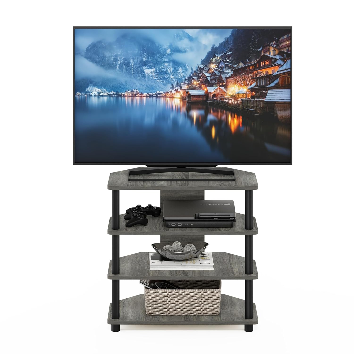 Furinno Turn-N-Tube Easy Assembly 4-Tier Petite Entertainment Center / TV Stand / TV Unit / TV Desk, French Oak Grey/Black