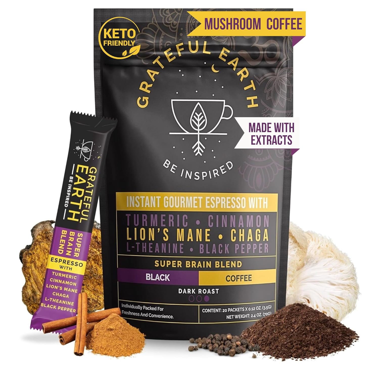 Grateful Earth Mushroom Coffee, Instant Espresso with Lion’s Mane Mushrooms, Chaga, L-Theanine, Super Brain Nootropic Blend, Focus, Energy, Immune Support & Gut Health, Dairy &…