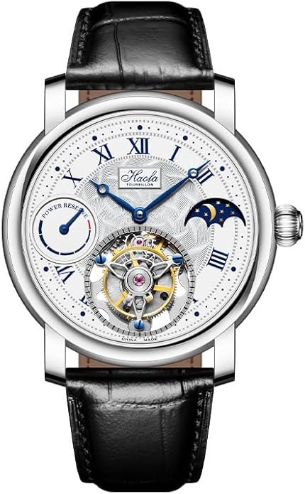 Haofa Manual Tourbillon Watch for Men Power Reserve Moon Phase Display Stainless Steel Mechanical Wristwatch Sapphire Waterproof Luxury Men’s Watch 1016