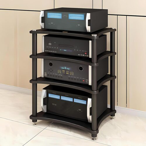 Heavy Duty Audio Component Rack, Large Storage Space AV Media Stand with Shock-Absorbing Foot pegs, Audio Rack Tower CD Player Stand for Home/Office/Audio Video/Theate (Black,...