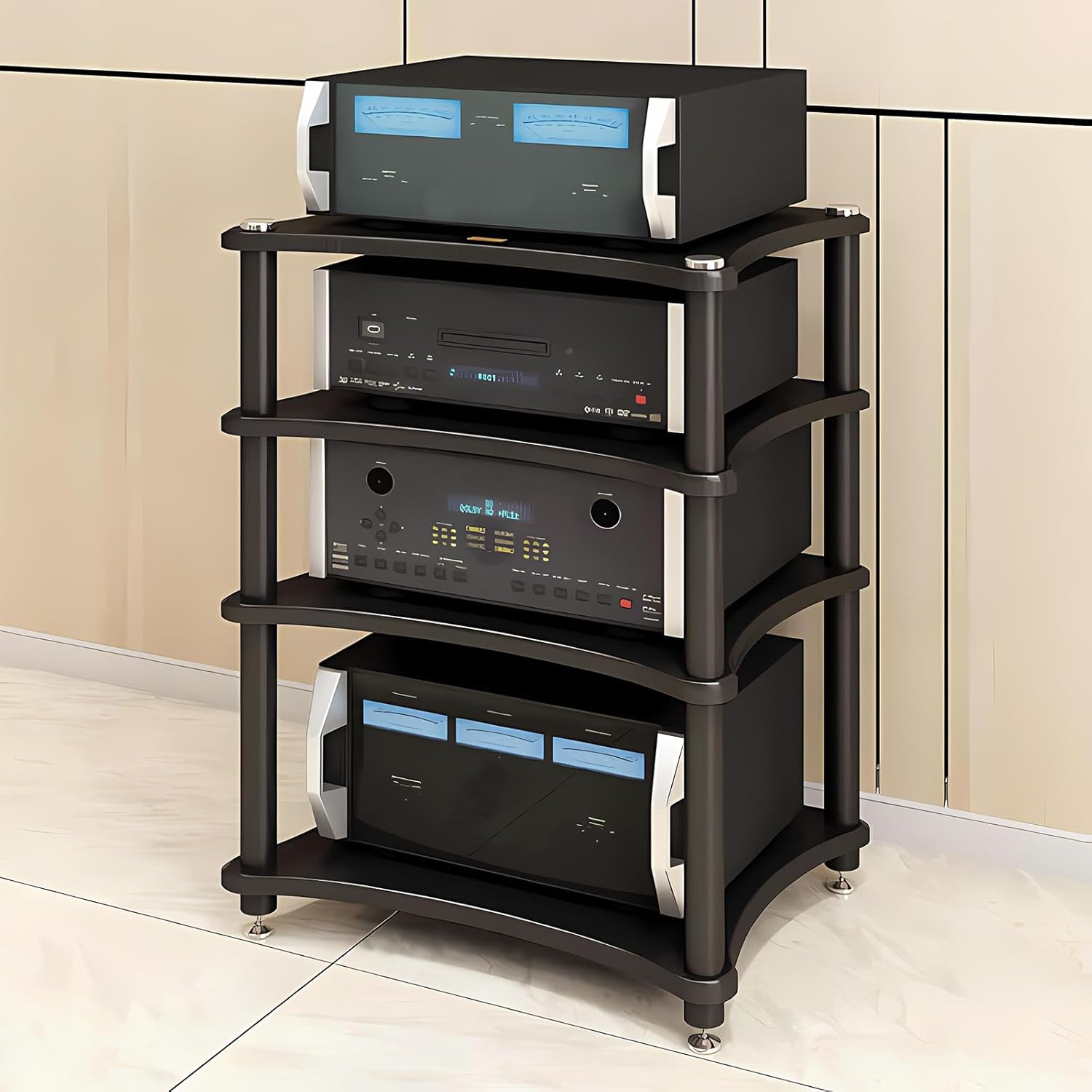 Heavy Duty Audio Component Rack, Large Storage Space AV Media Stand with Shock-Absorbing Foot pegs, Audio Rack Tower CD Player Stand for Home/Office/Audio Video/Theate (Black,…