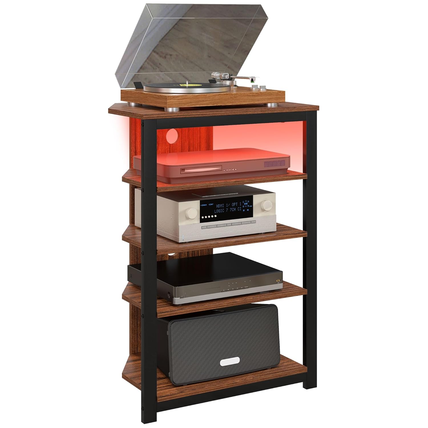 HOMCOM Media Stand with LED 4-Tier Audio Rack AV Media Corner Shelf with Cable Management for DVD Players Game Console TV Box Cable Box Xbox WiFi Router, Brown