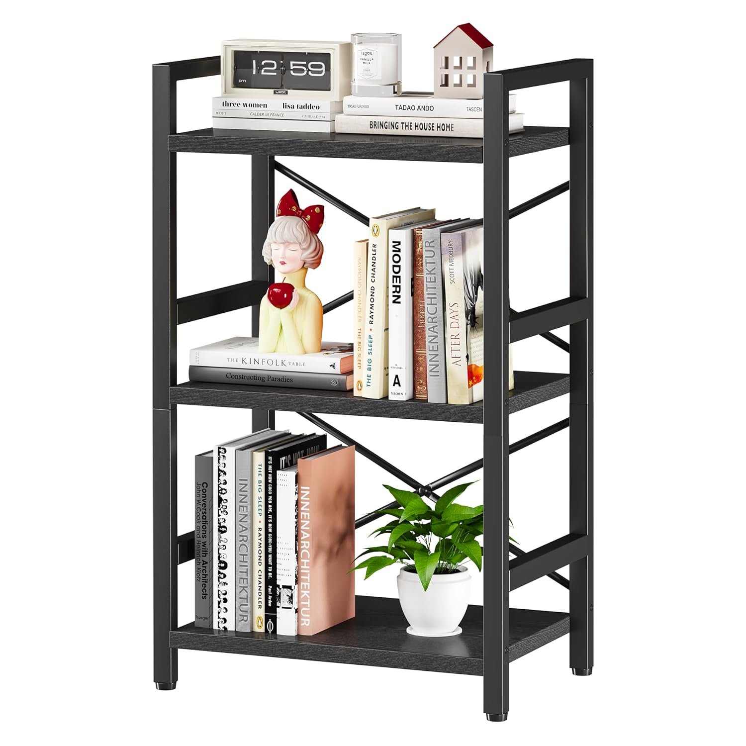 Homeiju Bookshelf, 3 Tier Industrial Bookcase, Metal Small Bookcase, Rustic Etagere Book Shelf Storage Organizer for Living Room, Bedroom, and Home Office(Black) Patent Pending...