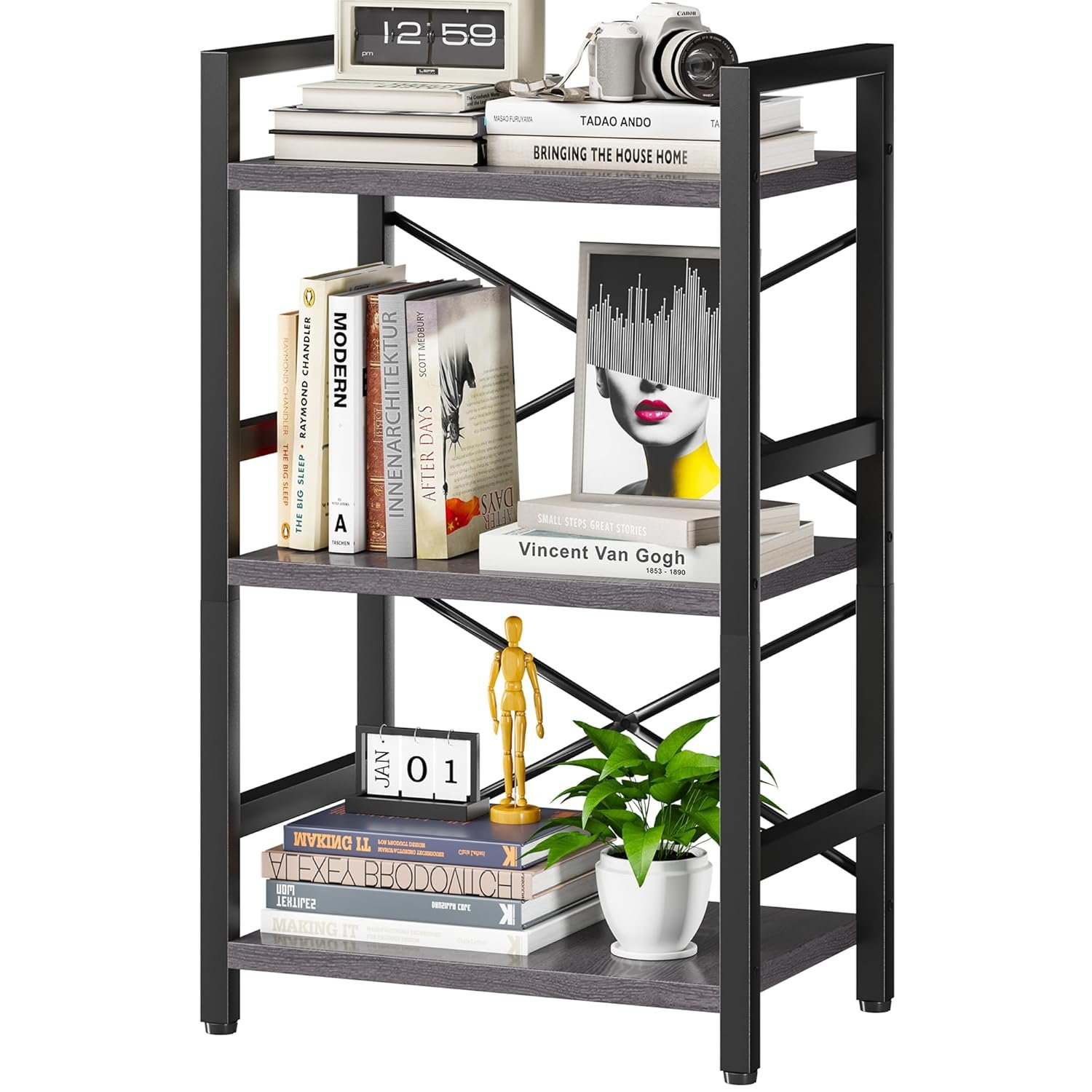 Homeiju Bookshelf, 3 Tier Industrial Bookcase, Metal Small Bookcase, Rustic Etagere Book Shelf Storage Organizer for Living Room, Bedroom, and Home Office(Grey) Patent Pending...