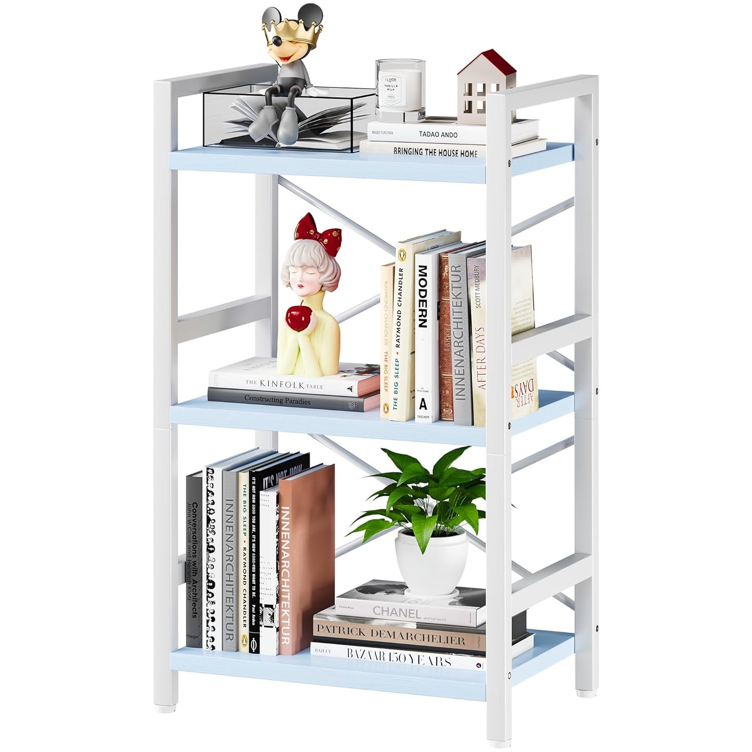 Homeiju Bookshelf, 3 Tier Industrial Bookcase, Metal Small Bookcase, Rustic Etagere Book Shelf Storage Organizer for Living Room, Bedroom, and Home Office(Blue) Patent Pending...