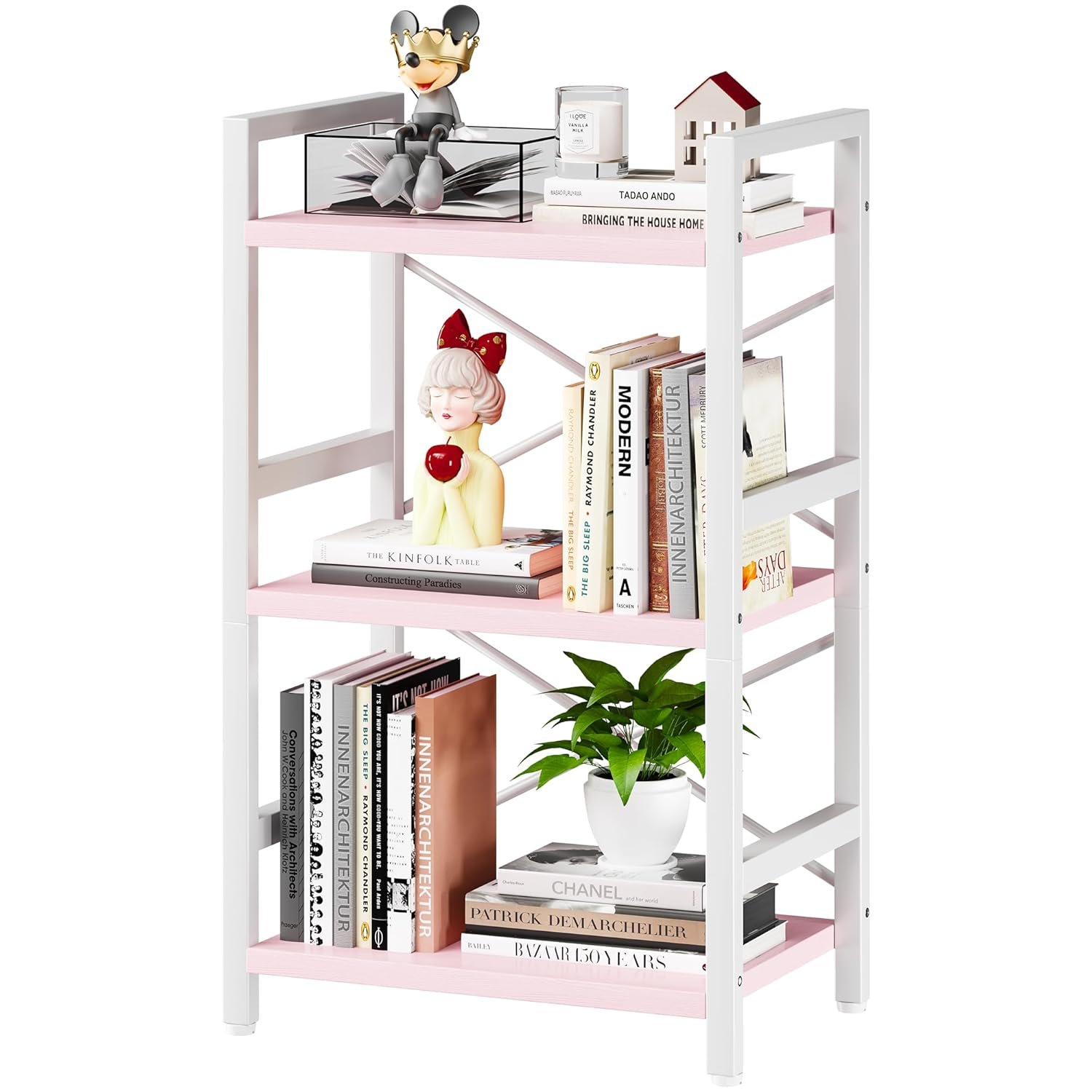 Homeiju Pink Bookshelf, 3 Tier Industrial Bookcase, Metal Small Bookcase, Rustic Etagere Book Shelf Storage Organizer for Living Room, Bedroom, and Home Office(Pink) Patent…