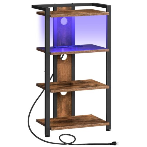 HOOBRO 4-Tier AV Media Stand, Media Console with Charging Station and LED Light, Wooden Stereo Cabinet, Corner TV Stand, Record Player, Entertainment Device Stand, Rustic Brown...