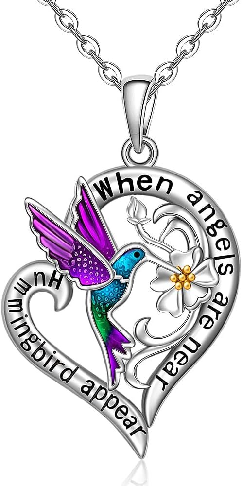Hummingbird Necklace Hummingbird Necklaces for Women Sterling Silver 925 Flower Purple Blue Hummingbirds Heart Pendant Jewelry Memorial Mothers Day Christmas Gifts