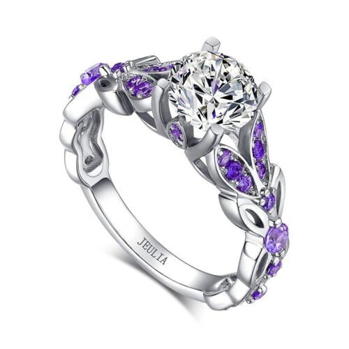 Jeulia 4.3 Carat Personalized Sterling Silver Butterfly Rings for Women Purple Amethyst Bridal Round Cut Wedding Engagement Eternity Valentine's Promise Ring Set