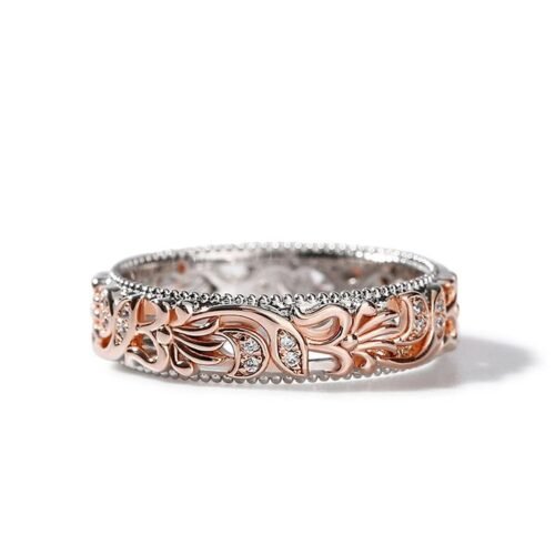 Jeulia Floral Ring Band Sterling Silver Two Tone Leaf Carved Vintage Unique Hollow Flower Rose Gold Jewelry Engagement Wedding Bridal Sets Stackable Anniversary Promise with...