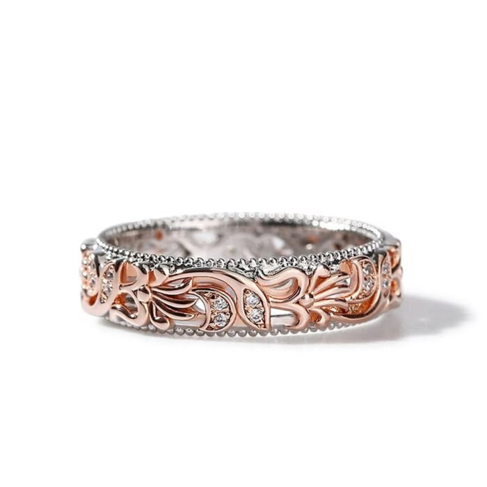 Jeulia Floral Ring Band Sterling Silver Two Tone Leaf Carved Vintage Unique Hollow Flower Rose Gold Jewelry Engagement Wedding Bridal Sets Stackable Anniversary Promise with...