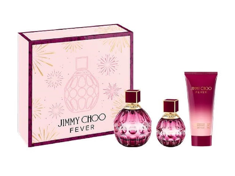Jimmy Choo Fever Eau de Parfum 3 Piece Set – 3.3 fl. oz. Spray & 1.3 fl. oz. Spray, 3.3 fl. oz. Body Lotion – Long Lasting Fragrance with notes of Plum Nectar, Heliotrope &…