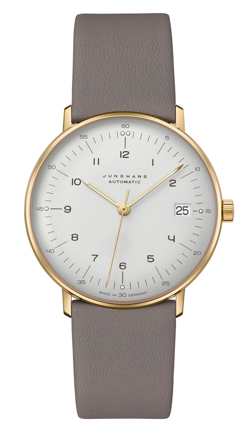Junghans max Bill Kleine Automatic – Sapphire Glass Watch | Gold PVD Case White Dial Grey Strap 027/7108.02