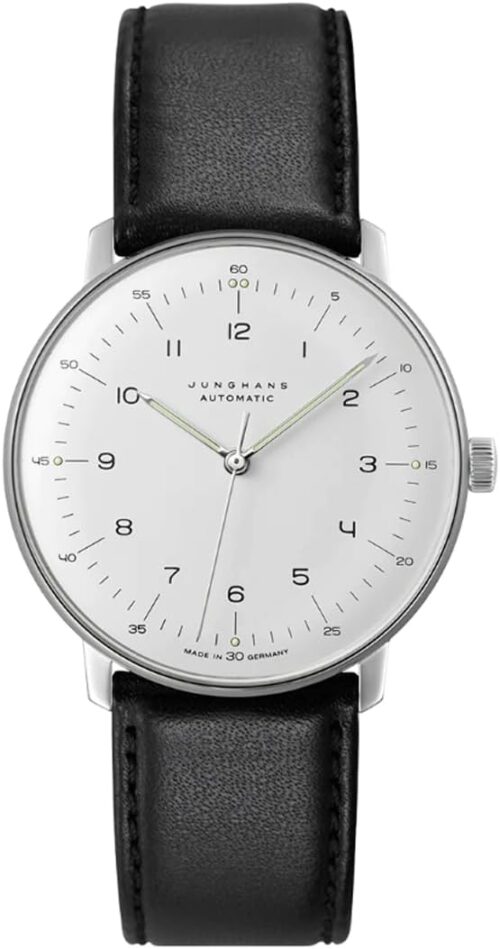 JUNGHANS Men's Max Bill Automatic White Dial Black Leather Strap Analog Watch 27/3500.02