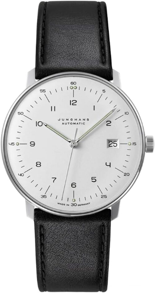JUNGHANS Men's Max Bill Automatic White Dial Black Leather Strap Analog Watch 27/4700.02