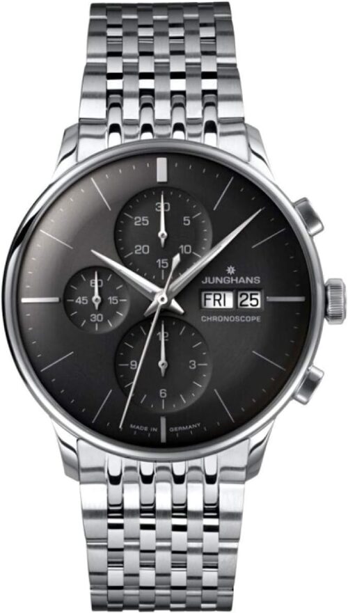 Junghans Watch Mens Meister Chronoscope Stainless Steel Sunray Dark Grey Dial Day Date 027/4324.45