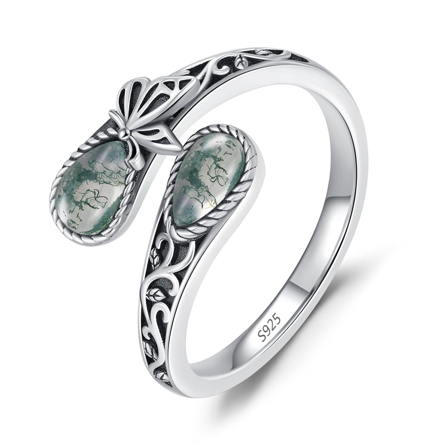 KiiKii Moss Agate Ring 925 Sterling Silver Adjustable Open Lotus/Sunflower/Butterfly Spoon Ring Statement Jewelry Birthday Gifts for Women