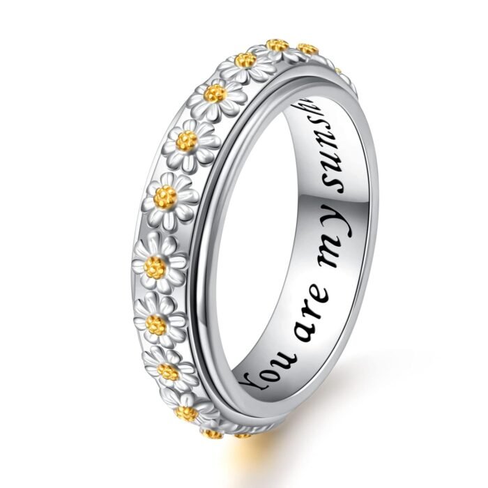 Ladytree Daisy Anxiety Relieve Spinner Rings You Are My Sunshine Flower Fidget Ring Sterling Silver ADHD Stress Relieving Ring for Women