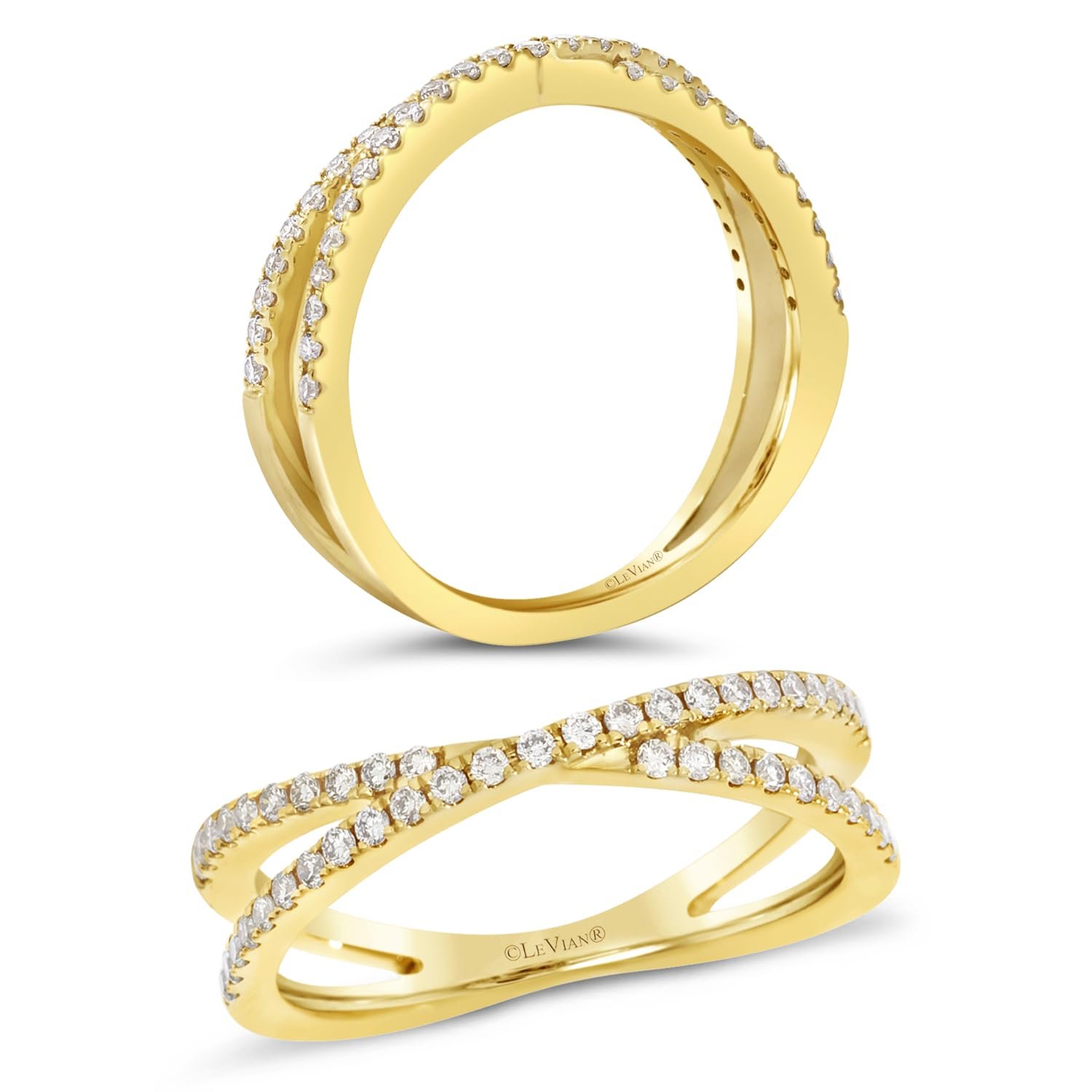 LeVian 1/4 Carat Diamond Criss Cross Ring for Women – 14k Yellow Gold Band for Her – 0.25 cttw Round Vanilla Diamond – Anniversary Wedding Band Ring Size 6 to 8