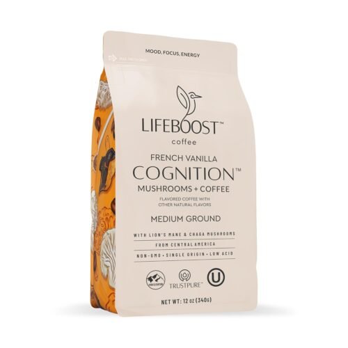 Lifeboost French Vanilla Cognition Mushroom Coffee - Low Acid Medium Organic Coffee with Nootropic Lions Mane & Chaga Mushrooms - Increase Energy, Boost Focus & Immune Support -...