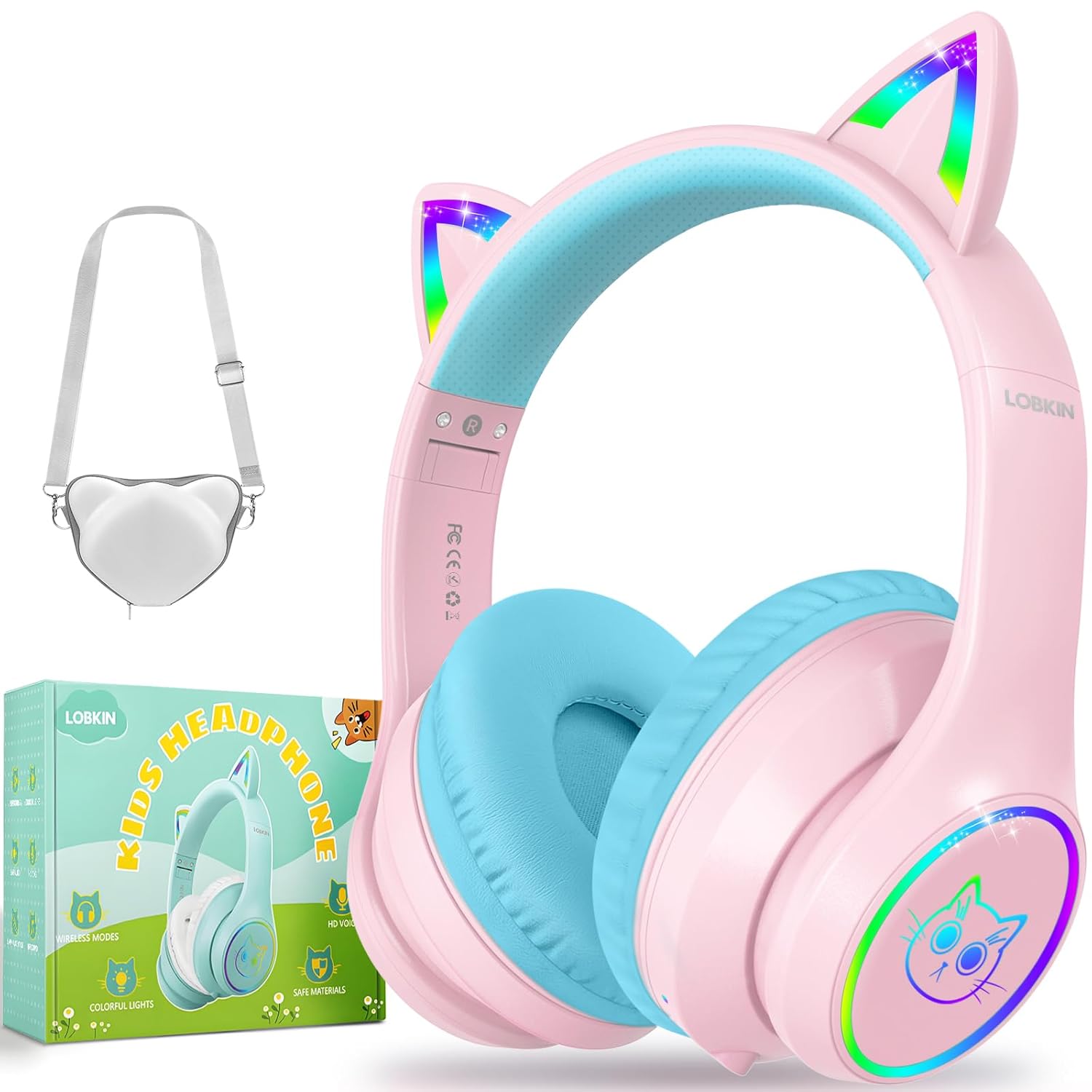 LOBKIN Kids Bluetooth Headphones,Over Ear Kids Headphones Wireless with Mic 50H Playtime Colorful LED Lights AUX Cord 94dB Safe Volume Limited Foldable Design for Boy Girl…