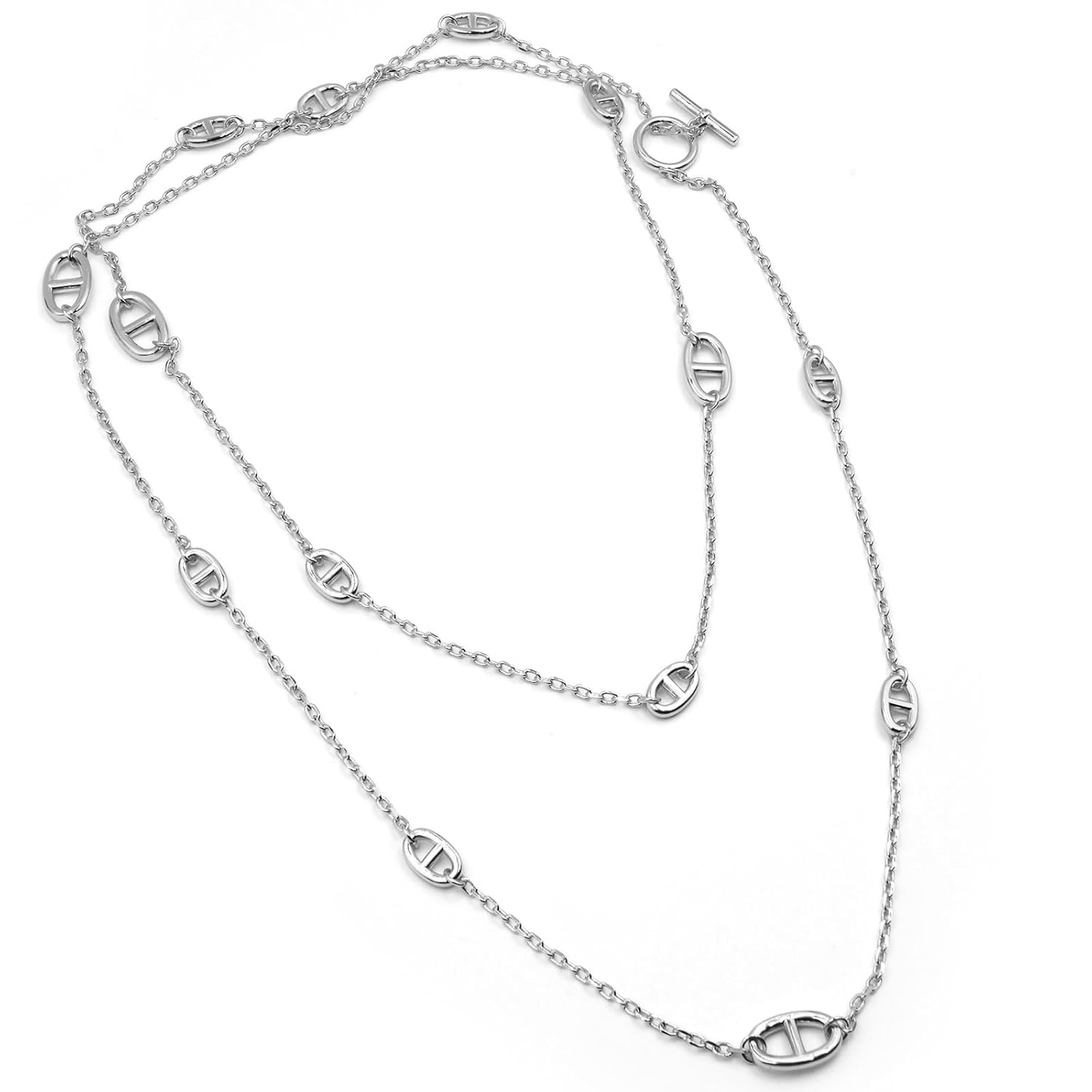 Luxury 18K Gold Plated Pig Nose Necklace with Adjustable T-Buckle – Long Sweater Chain for Women – Designer Boho Layering Jewelry – Silver