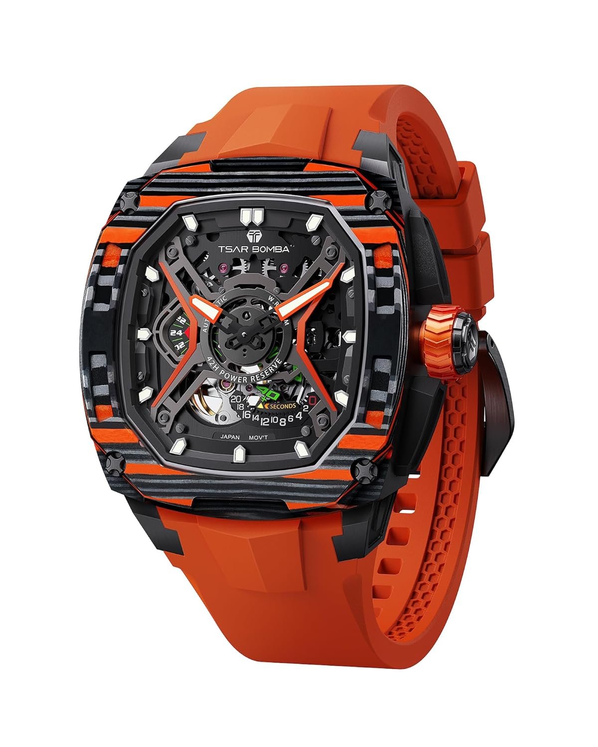 Luxury Mechanical Watches for Men with Carbon Fiber Case Men Wristwatch Luminous 5ATM Water Resistant Men’s Watch with Fluorine Rubber Strap Great Gifts for Men