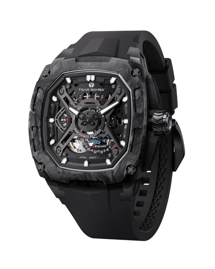 Luxury Mechanical Watches for Men with Carbon Fiber Case Men Wristwatch Luminous 5ATM Water Resistant Men's Watch with Fluorine Rubber Strap Great Gifts for Men