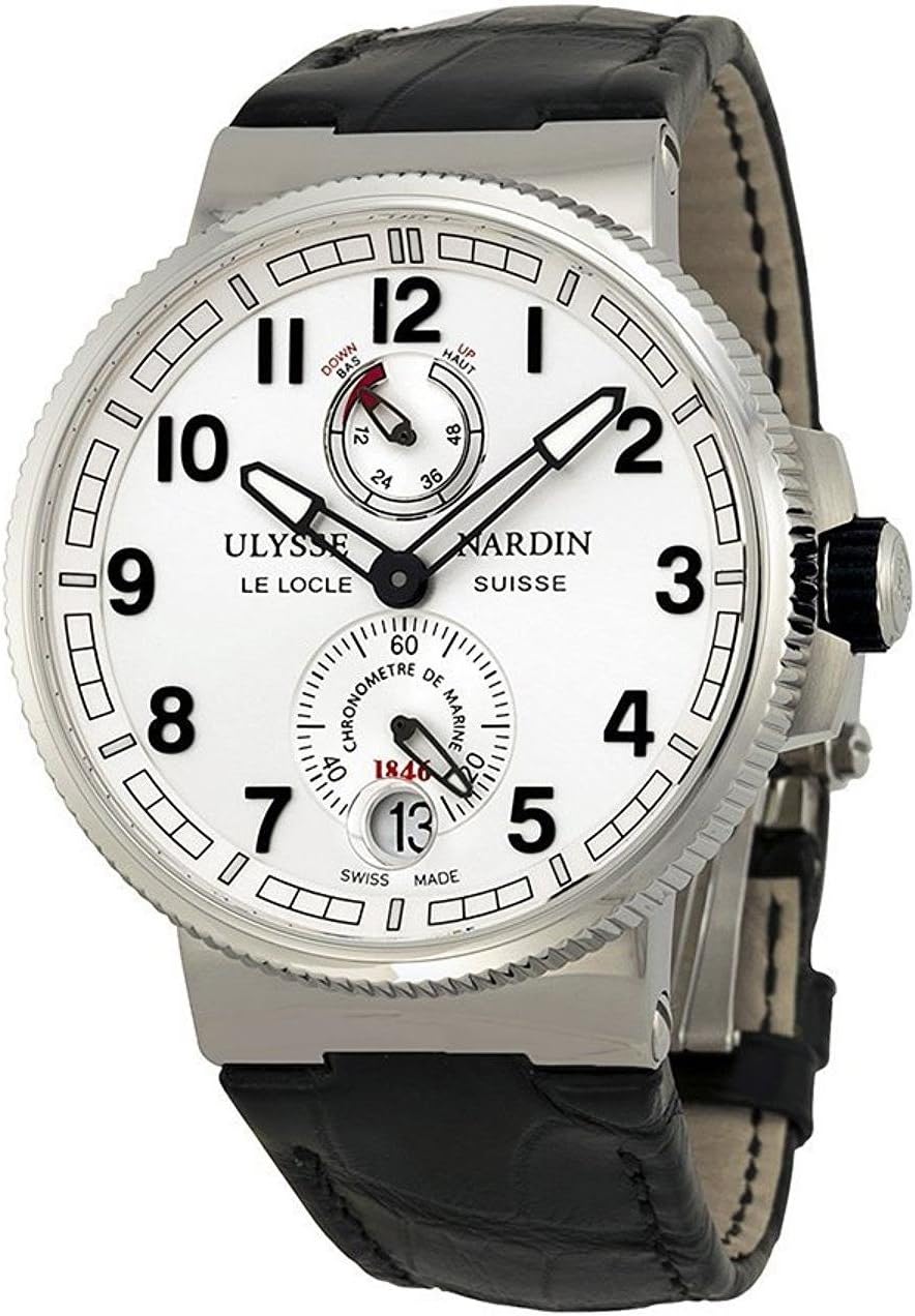 Marine Chronometer Manufacture Men’s Black Leather Strap Automatic Power Reserve Watch 1183-126/61