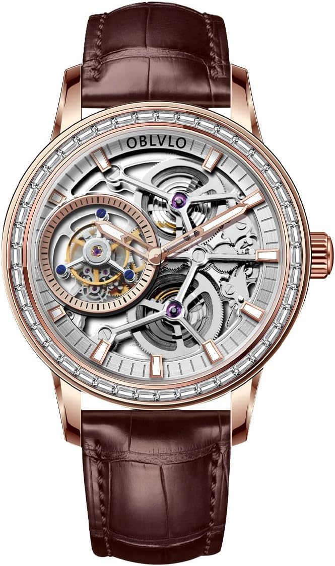 Men Tourbillon Manual-Winding Watches Genuine Leather Diamond Bezel Skeleton Dial Mechanical Watches VM-TB-D