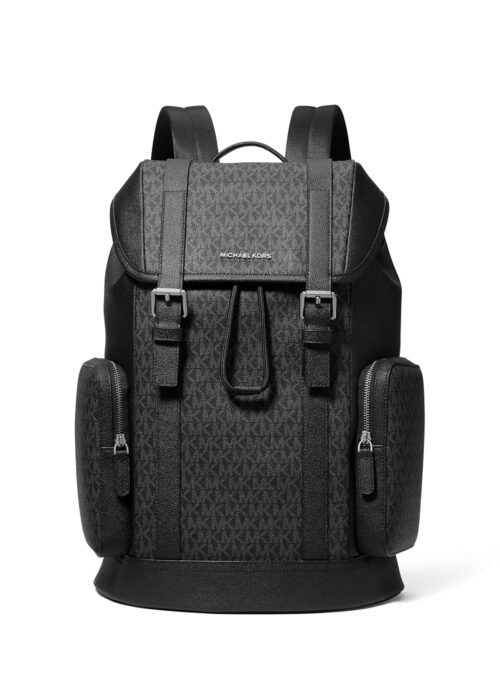 Michael Kors Men's Hudson City Buckle Backpack, Gunmetal-Hardware/Signature/Black, One Size