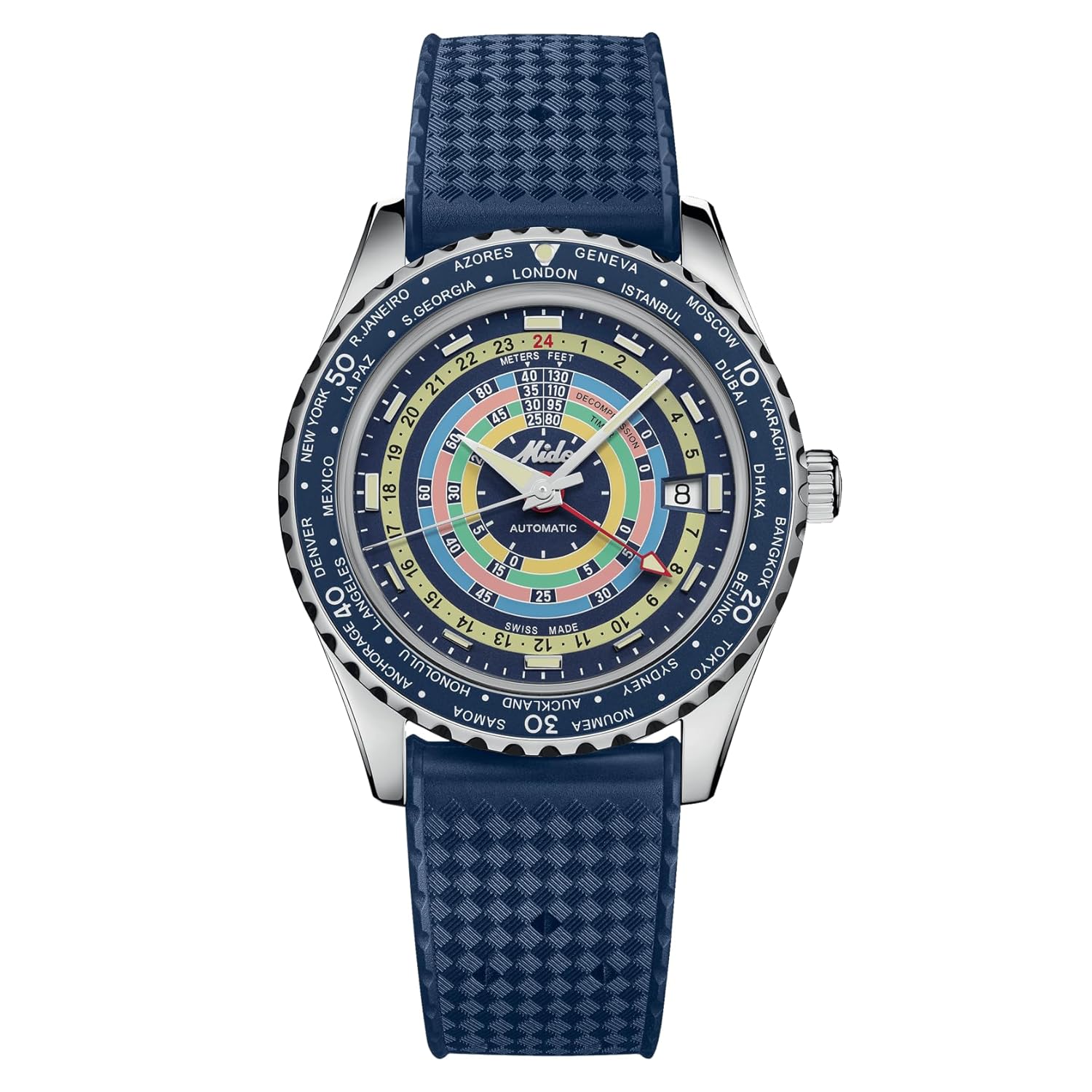 MIDO Ocean Star Decompression Worldtimer – Swiss Automatic Watch for Men – Blue Dial – Case 40.5mm – M0268291704100