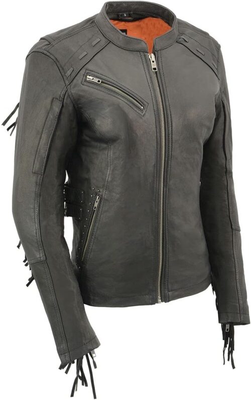 Milwaukee Leather MLL2565 Women's Black Fringed Lightweight Leather Racer Motorcycle Jacket