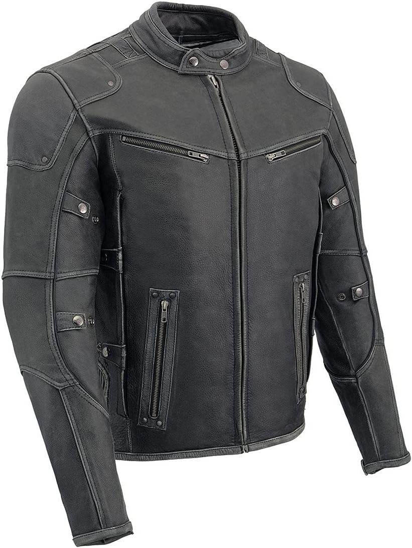 Milwaukee Leather MLM1536 Mens Vintage Distressed Grey Leather Scooter Style Motorcycle Jacket – Reflective Piping