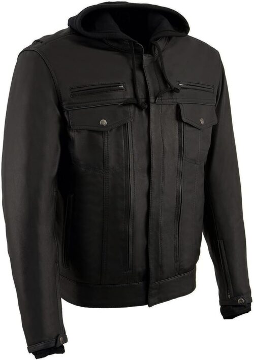 Milwaukee Leather MLM1537 Men's Black Leather ‘Utility Pocket’ Vented Jacket with Removable Hoodie