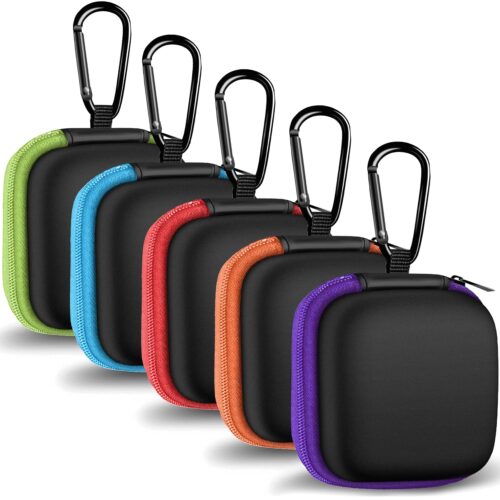 MOLOVA 5Pack Square Earbud Case Portable EVA Carrying Case Storage Bag Cell Phone Accessories Organizer with Carabiner for Earphone, Earbud, Earpieces, SD Memory Card, Camera...