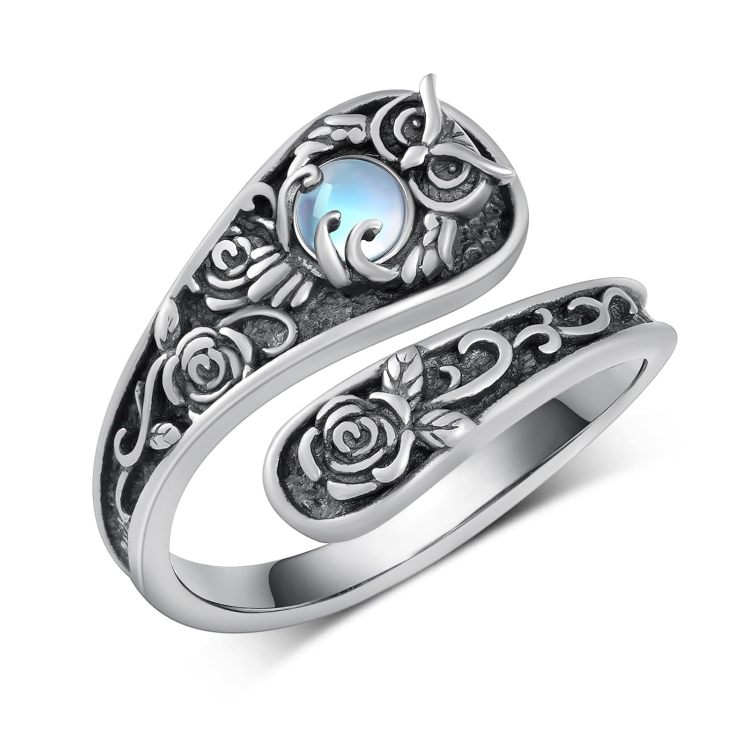 Moonstone Owl Spoon Ring 925 Sterling Silver Adjustable Thumb Ring Owl Jewelry Gifts for Women
